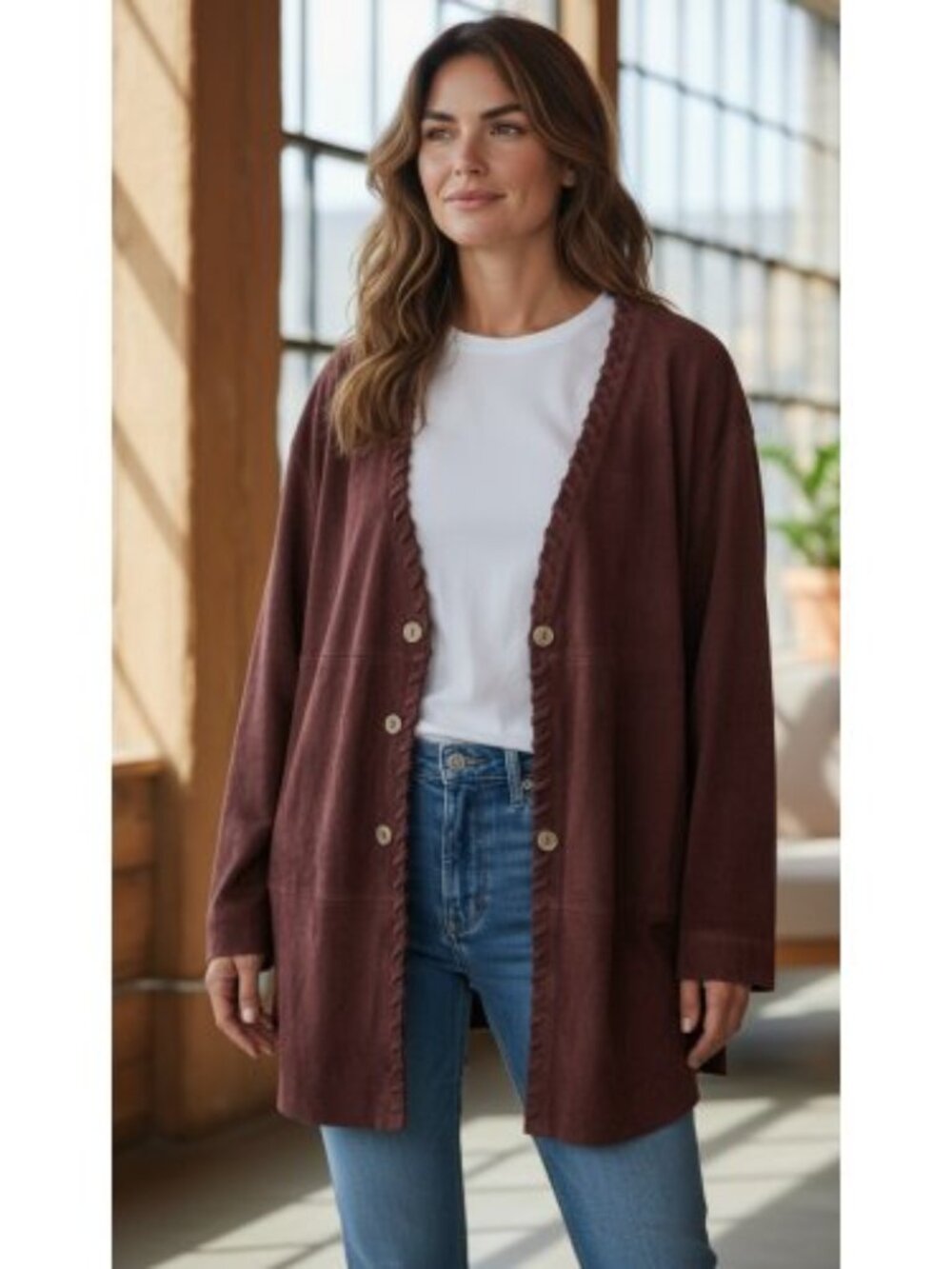 APART IMPRESSIONS Wine Lacing Trim Button Front Lined Suede Jacket Ladies LARGE